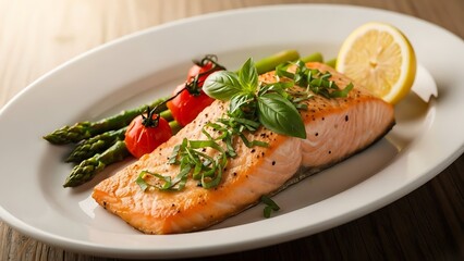 Delicious grilled salmon with asparagus tomatoes and lemon on white plate