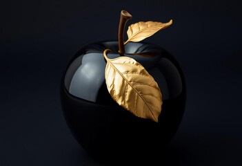 A golden glass pumpkin decoration and a yellow fruit object isolated on a black background for a healthy Christmas food celebration
