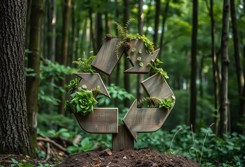 An old metal shovel rests deep in the garden soil surrounded by green grass and spring leaves near a forest tree covered in ivy