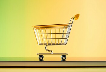 An empty metal shopping cart trolley with red handles and wheels stands as a retail commerce icon for grocery market business on a white or black background