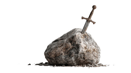 Ancient sword embedded in stone symbolizing power, destiny, and mythical legends, transparent background