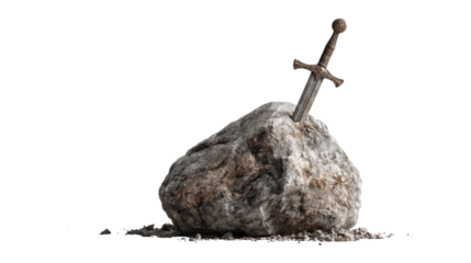 Ancient sword embedded in stone symbolizing power, destiny, and mythical legends, transparent background