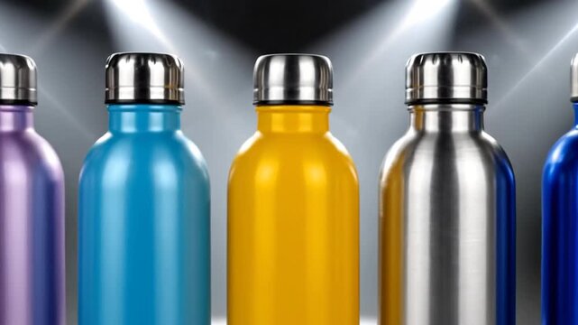 Colorful Water Bottles Displayed in a Row, Perfect for Hydration and Outdoor Activities.