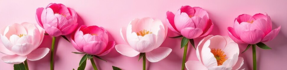 Pink peony blossoms arranged flat lay on a matching pink backdrop Elegant floral design , blossom, floral
