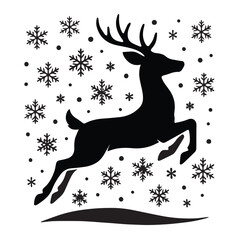 Winter jumping deer silhouette crafted for cold season greeting artworks.