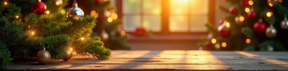 Sunlit Christmas tree backdrop, rustic wooden table , natural, display, photography