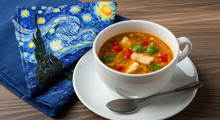 Delicious soup in white cup with spoon on a plate artistic napkin