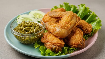 Crispy golden fried chicken pieces served with fresh green lettuce and a vibrant green chili sambal sauce in a small glass bowl, presented on a pastel.Ayam sambel ijo.
