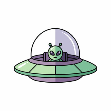 Cute Alien Flying Saucer UFO Cartoon Character in Spacecraft, Sci Fi Concept