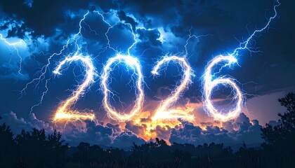 Year 2026 emblazoned in lightning against a dramatic, stormy sky