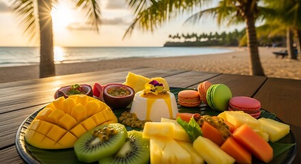Delicious tropical fruit platter dessert on a wooden table at the beach