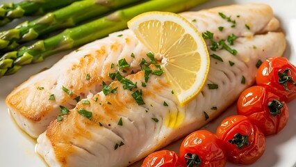 Deliciously prepared fish fillet with asparagus tomatoes and lemon slice