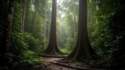 Dense forest scene featuring tall trees and lush greenery under sunlight