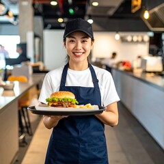 A smiling server in a restaurant interior presents a delicious burger on a tray, dressed in an apron and cap