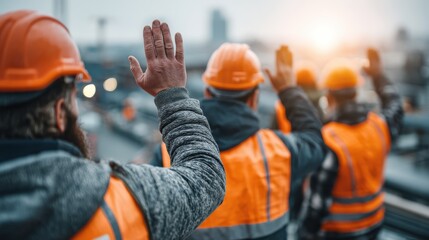 Roofing crew using hand signals for coordination on a roof during a non-verbal communication session.