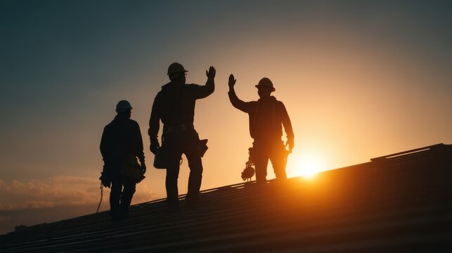 Roofing crew using hand signals for communication on a roof during a project.