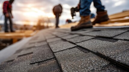 Roofing crew installing premium architectural shingles on a roof.
