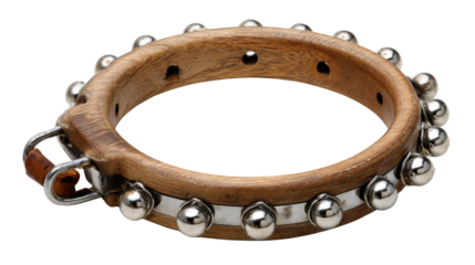 Chakchaka moroccan percussion instrument with metal jingles and rustic wooden frame against transparent background