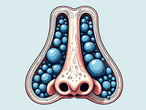Nasal polyps Cross section of human nose filled with blue spheres image