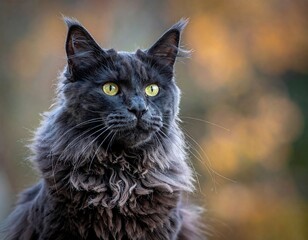 Majestic, long-haired black cat gazing intently, blurred autumn background
