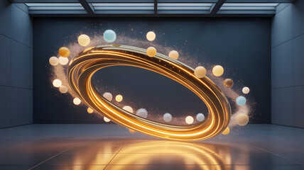 Golden Ring with Floating Spheres and Dust Particles in Modern Interior, Cinematic Lighting and Reflective Floor