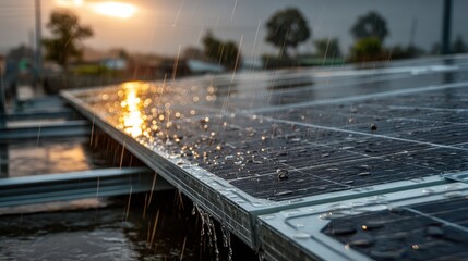 A rooftop with solar panels under light rain, showcasing renewable energy and modern technology.