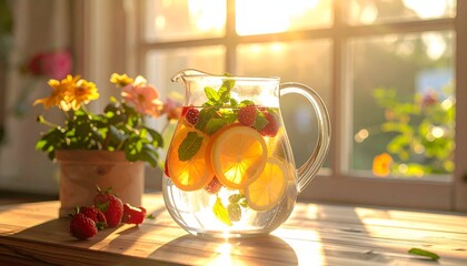 A pitcher of refreshing infused water sits by a sunny window