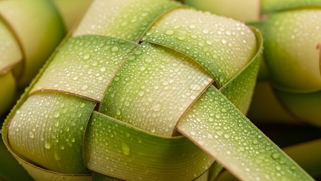 High-angle macro shot of traditional ketupat skin made from young coconut leaves (janur), featuring fresh dew drops and intricate weaving patterns. Symbol of Eid al-Fitr food preparation.