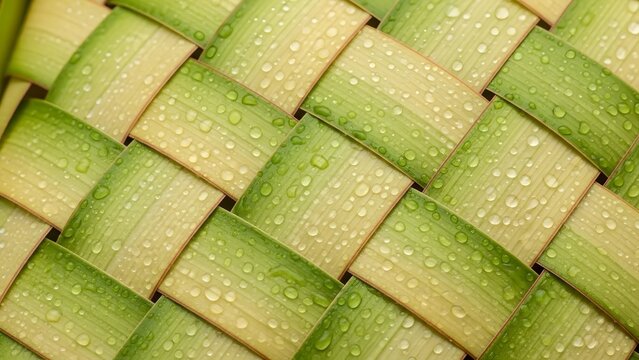High-angle macro shot of traditional ketupat skin made from young coconut leaves (janur), featuring fresh dew drops and intricate weaving patterns. Symbol of Eid al-Fitr food preparation.