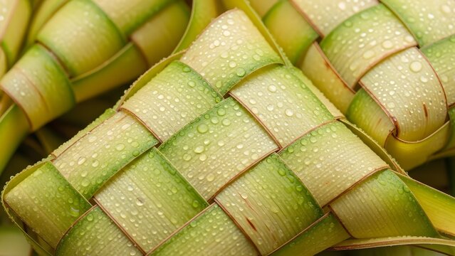 High-angle macro shot of traditional ketupat skin made from young coconut leaves (janur), featuring fresh dew drops and intricate weaving patterns. Symbol of Eid al-Fitr food preparation.