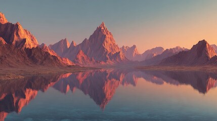 3D render fantasy mountain panorama with water reflection, misty serene skyline, abstract spiritual zen landscape wallpaper background