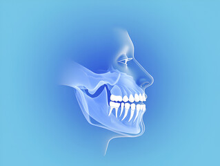 Blue translucent human skull profile with teeth on blue background head face