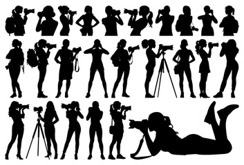Professional Female Photographer Silhouettes Collection in Diverse Poses with Cameras on Transparent Background