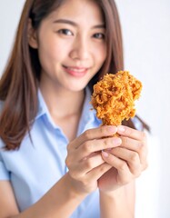 A smiling woman in a light-blue collared shirt holding up a piece of golden-brown fried chicken for the camera