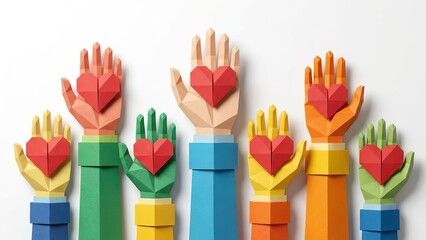 Paper craft art of diverse hands holding hearts: Community, Charity and Volunteering concept.