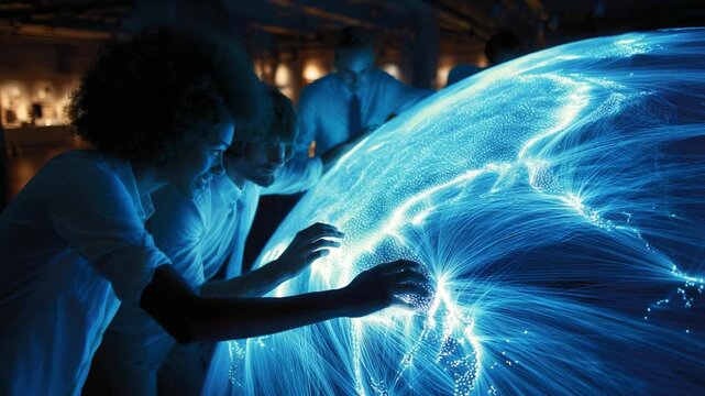 Interactive Exploration of Data Visualization: Engaged Individuals Analyzing Glowing Network Connections on a High-Tech Sphere, Showcasing Innovative Technology and Collaboration