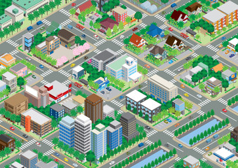 街並みの立体図. 都市の景観. アイソメ図で描いた都市.