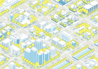 街並みの立体図. 都市の景観. アイソメ図で描いた都市.