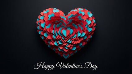 Happy Valentine's Day background with floating red and blue 3D paper hearts.