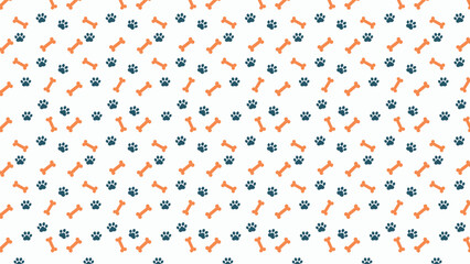Seamless pattern with orange dog bones and navy blue paw prints on a white background. Colorful animal motif vector for pet shop branding, vibrant gift wrap, and modern nursery decor © rochmuch