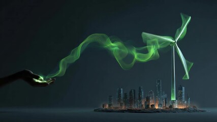 Eco-Friendly Power: A vivid depiction of a wind turbine illuminating a cityscape with a glowing green energy stream, representing sustainable power and innovative technology.