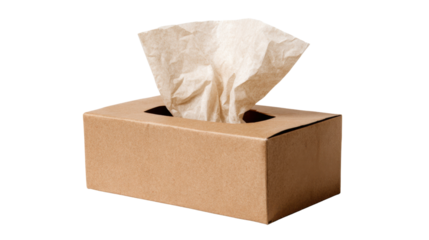 Kraft paper tissue box containing brown facial tissues, a single tissue pulling out, isolated on transparent background