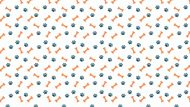 Seamless pattern with orange dog bones and navy blue paw prints on a white background. Colorful animal motif vector for pet shop branding, vibrant gift wrap, and modern nursery decor