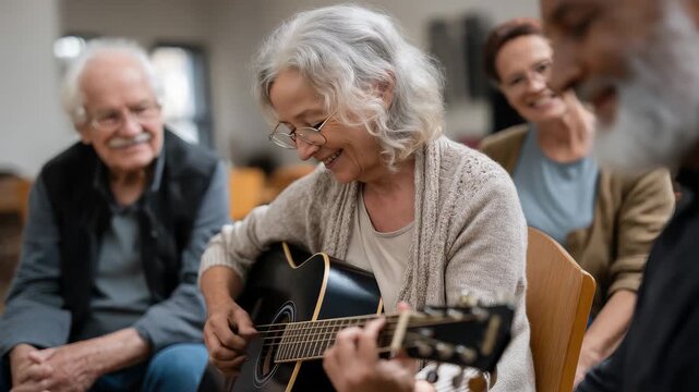 Seniors enjoy guitar lessons together in a warm and inviting community center, enhancing skills and building friendships through music