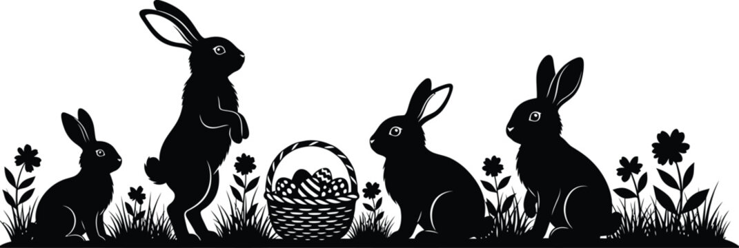 Easter rabbits and basket silhouette