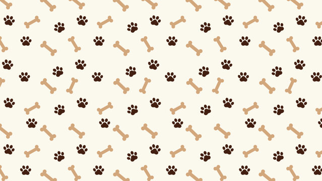 Seamless pattern with dark brown paw prints and tan dog bones on a cream background. Minimalist animal footprint vector for pet shop branding, cozy textiles, and gift wrap