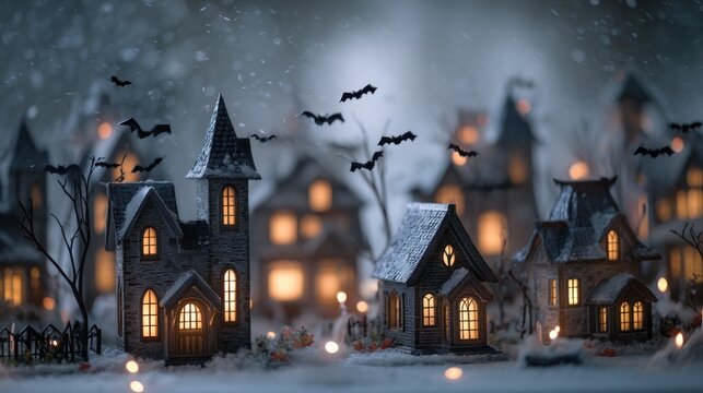 Spooky town scene with bats and snow