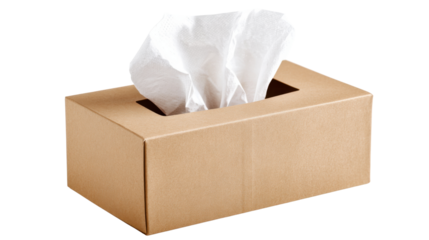 Beige cardboard tissue box with facial paper napkins for hygiene and personal care on transparent background