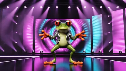 A lively cartoon frog wearing a shiny jacket, enthusiastically dancing on a stage with vibrant lights and a circular screen, looking like a pop star