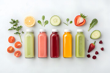 Detox Juice Program with Colorful Bottles and Fresh Fruits and Vegetables